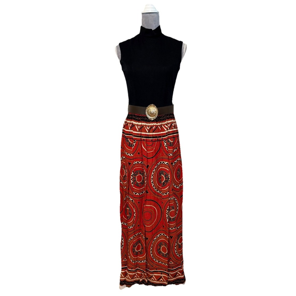 VTG 60s NANCY GREER HOSTESS MAXI DRESS Tribal Boho Print Sleeveless Mod Sz 10